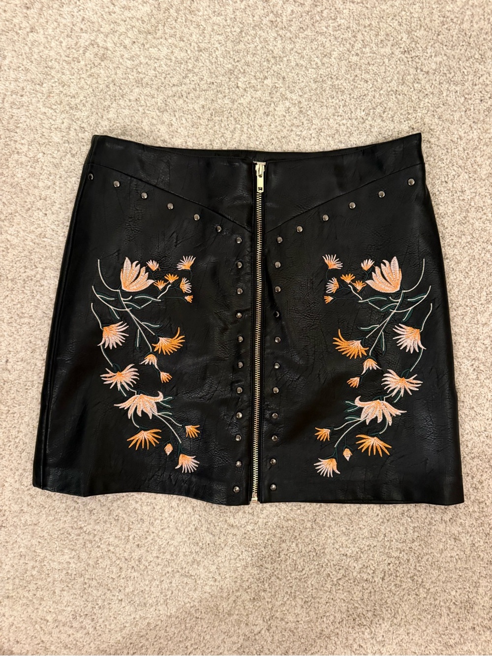 Ellison Black Faux Leather Mini Skirt with Peach Floral Embroidery